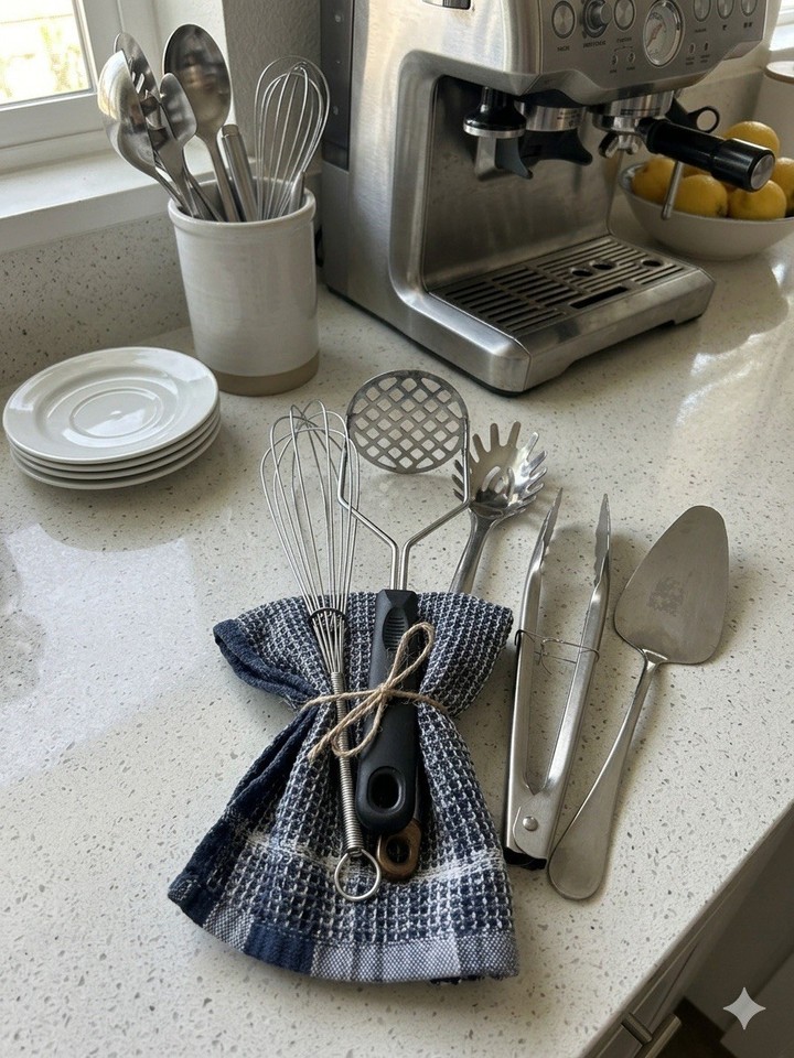 Dansk's mid-century modern stainless steel tools are design-world royalty — a 5-piece set is a genuinely elegant MCM kitchen flex.
