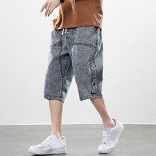 Men 3/4 Denim Pants Drawstring Elastic Waist Capri Crop Jeans Trousers Work