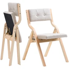 Uimoso Wooden Folding Chairs with Padded Cushion and Wooden Frame Beige Set of 2