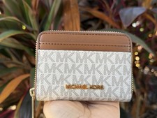 Michael Kors Jet Set Travel Zip Around Card Case Wallet MK Vanilla/Brown