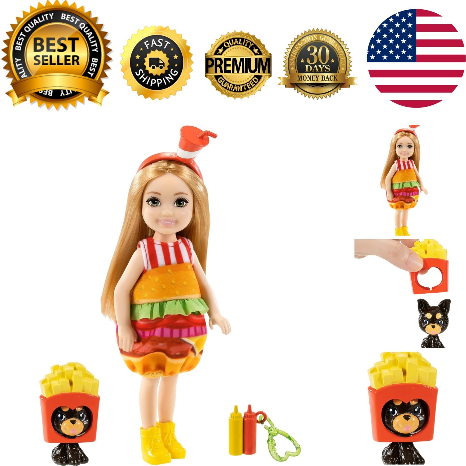 Delightful Chelsea Doll in Burger Costume: Perfect Gift for Kids Aged 3-7