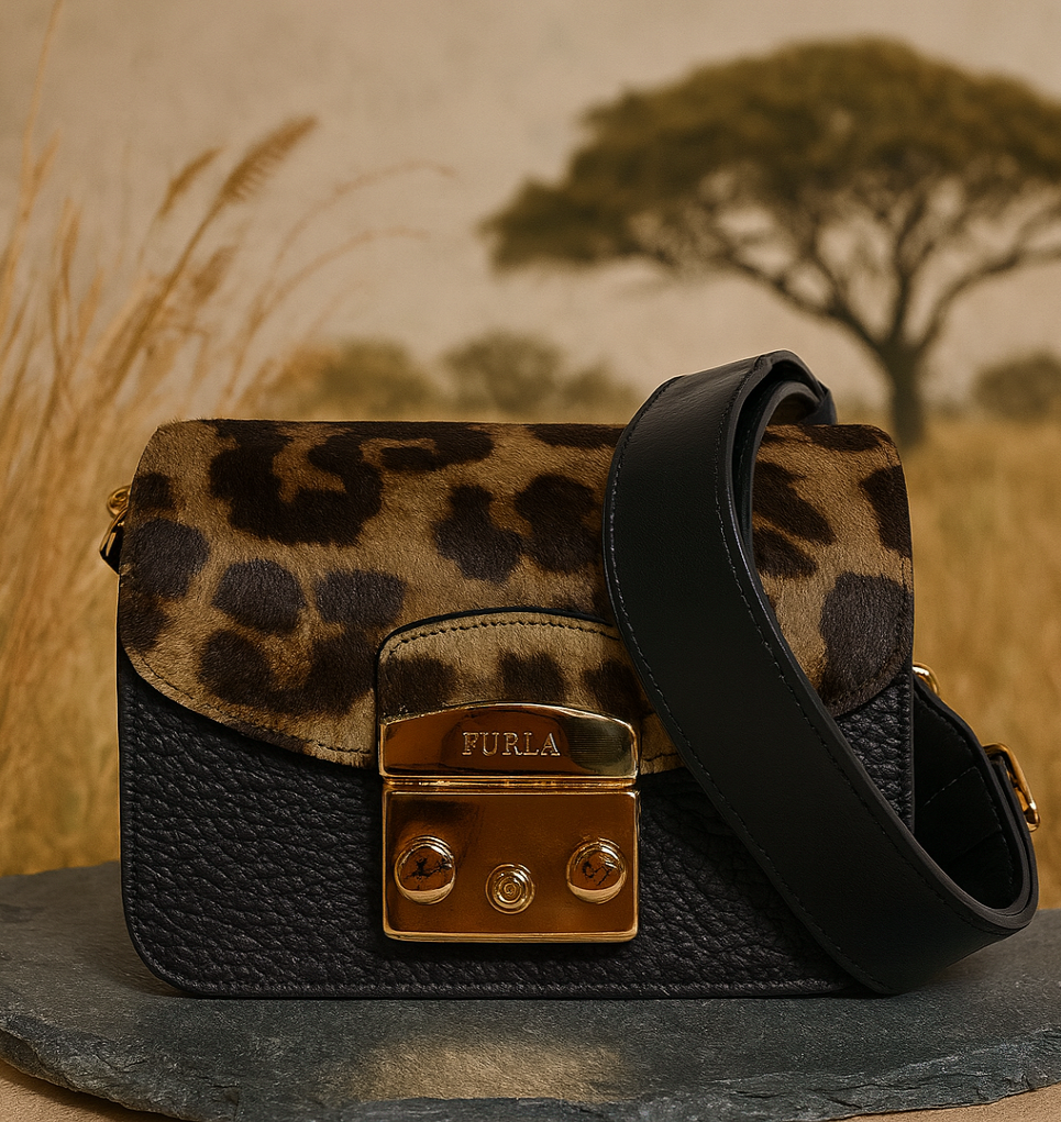 NEW FURLA Metropolis Black/Leopard Print Fur Mini Crossbody Bag
