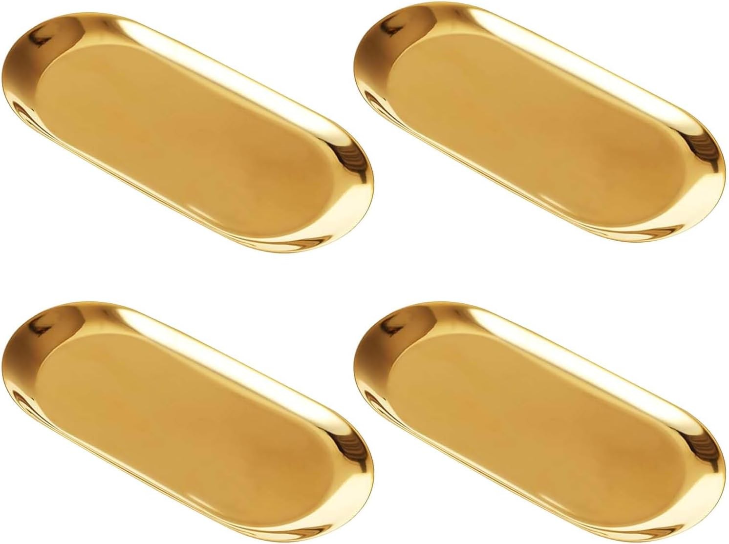 4Pcs Gold Oval Stainless Steel Trays, Stackable for Jewelry, Cosmetics, Kitchen