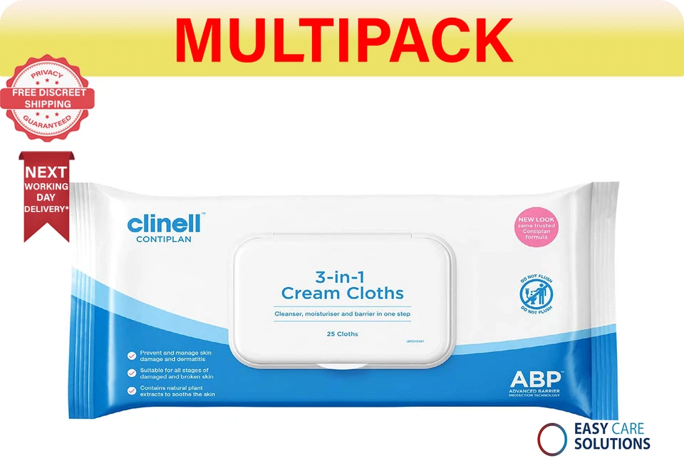 600 x Clinell Contiplan 3-in-1 Cleansing Cream Cloths l Hygiene l 24 Packs of 25