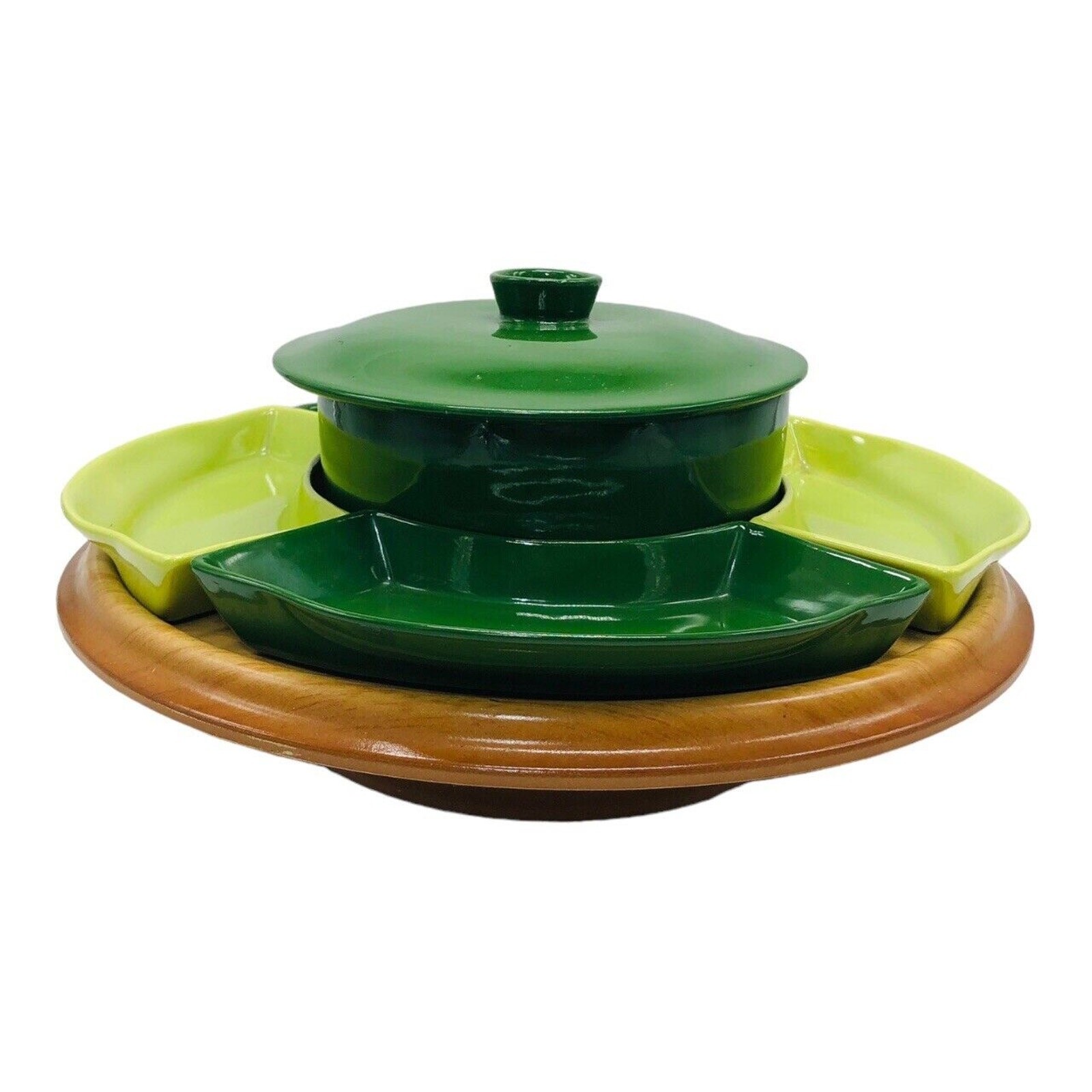 VTG MCM Santa Anita Ware 7 pc Serving Dish Set Lazy Susan Lid Green Kitsch Party