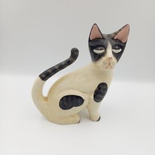 Wooden Cat Figurine hand painted black & white sitting 8 inches high lightweight