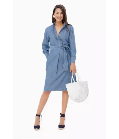 TORY BURCH DENEUVE DENIM SHIRTDRESS IN CHAMBRAY NWT $398 Ruffle 100% Cotton S
