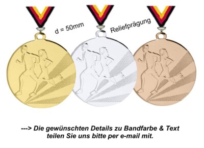 Massive Medaillen Laufsport-Relief mit Band & Text (Staffelpreise 25-50-75-100)