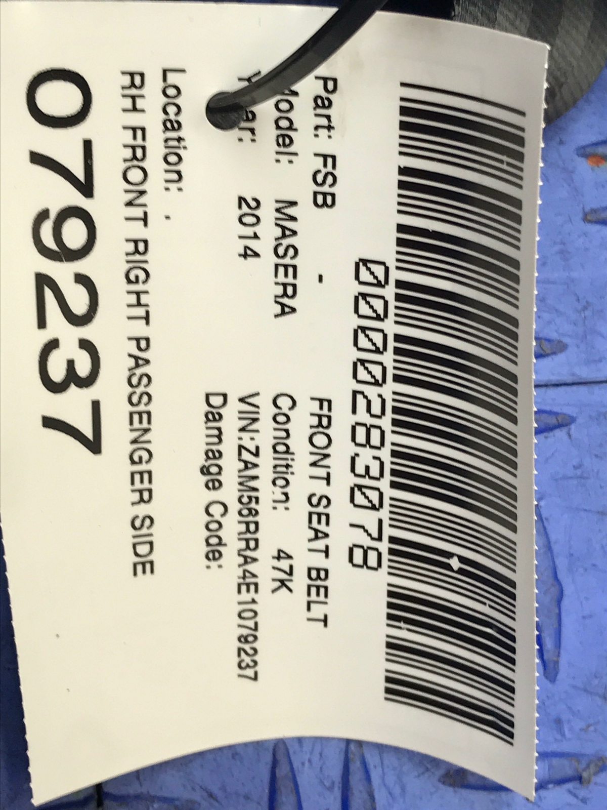 13 - 16 MASERATI QUATTROPORTE FRONT RIGHT SEAT BELT RETRACTOR TENSIONER 6154937