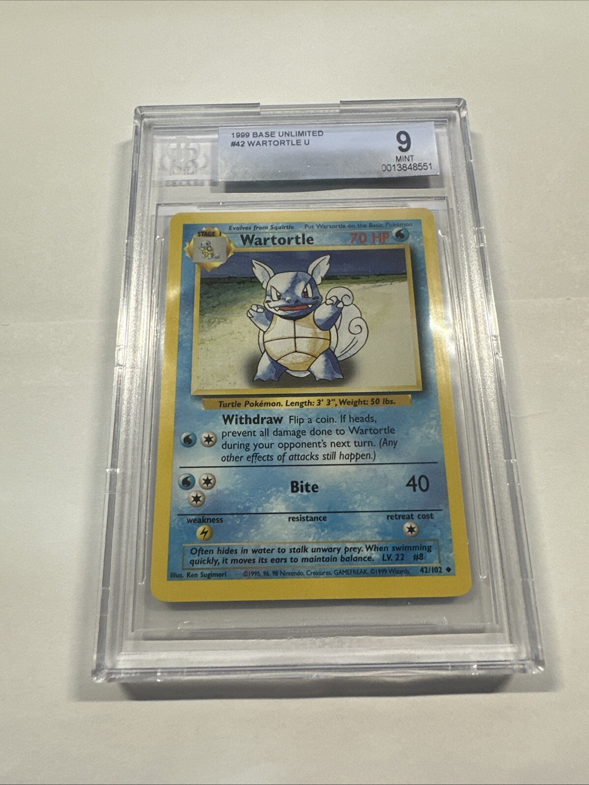 Pokemon Card BGS Mint 9 1999 Base Unlimited 42/102 Wartortle 