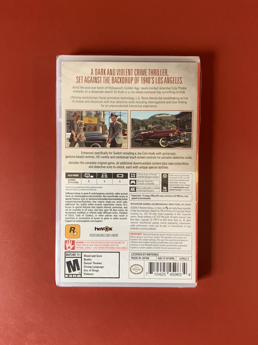 L.A. LA Noire Nintendo Switch (Rockstar Games, 2017) NEW