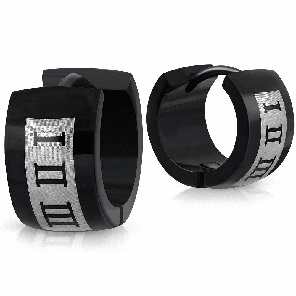 7mm Two-Tone Black Stainless Steel Huggie Hoop Earrings with Dangling Charms
