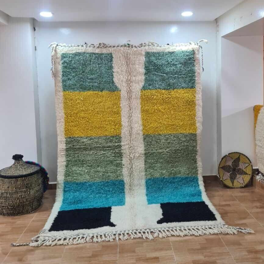Tapis Marocain Beni Ourain 5x8 Pieds - Laine Tissée Main - Design Géométrique Multicolore Boho