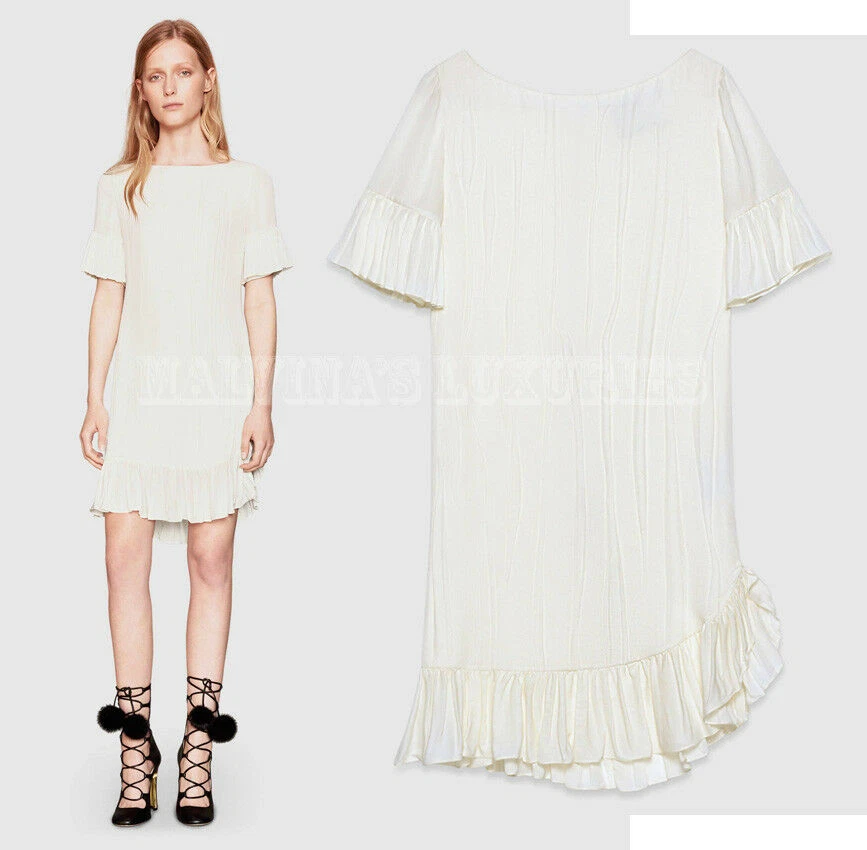 ROBE GUCCI BLANCHE IVOIRE PLISSÉE SOIE DÉTAIL VOLANTS 1 taille IT 38 / US 2