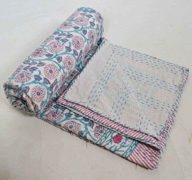 Indian Cotton Kantha Work Hand Block Print Coverlet Blanket Bedspread
