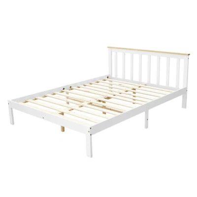 Panana White/Wood Double Bed 4FT6 Wooden Bed for Adults, Kids, 137*190cm