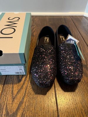 NWT Toms Black Rose Glitter Alpargata Slip On Flats 8.5