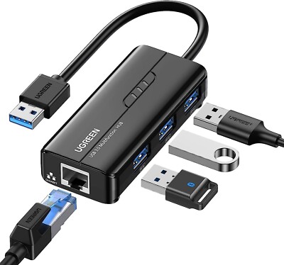 UGREEN 4 in 1 USB Hub auf Ethernet Adapter, 3 Ports mit Gigabit 