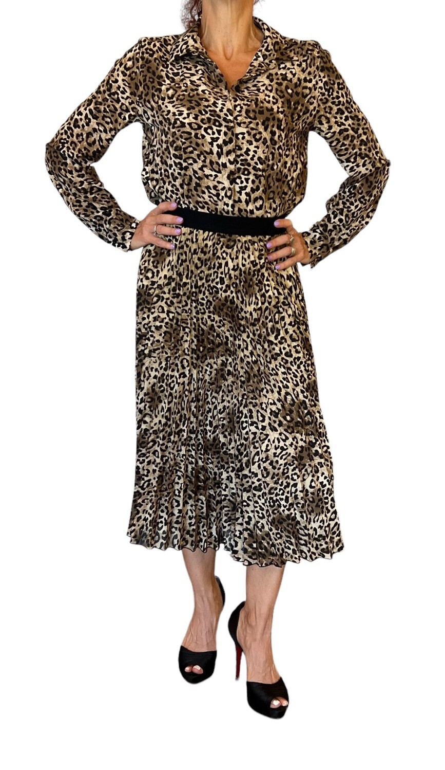 H&M BLOGGER BROWN LEOPARD MIDI PLEATED SKIRT COLLARED TOP BLOUSE OUTFIT SET 4/6