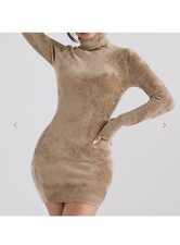 House of CB Taya Musk Chenille Velour Turtleneck Mini Dress Beige Cozy Size XS