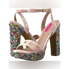 BETSEY JOHNSON heels 7 jewel pink velvet Kenna platform sandals EUC disco