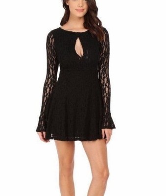 FREE PEOPLE Dress Black Lace Long Sleeve Mini Dress Keyhole Front Whimsigoth XS