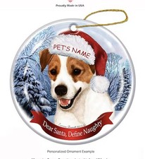 Jack Russell Terrier Brown and White Santa Hat Dog Porcelain Christmas Orname...