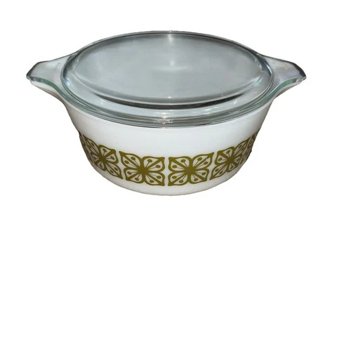 Vintage Pyrex Verde Square Green Flower 475-B 2 1/2 Qt Casserole Dish with Lid
