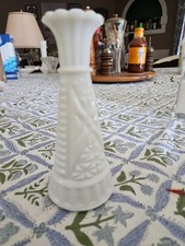 Anchor Hocking Bud Vase 6" White Milk Glass Stars & Bars MCM cottage ring o fire