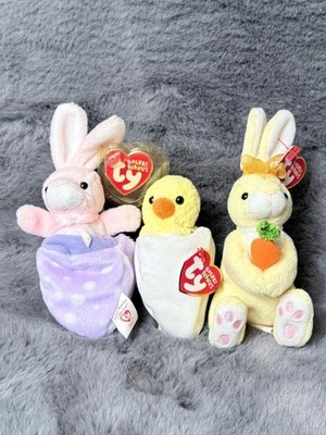 Vintage TY Beanie Babys Ostern Konvolut 2001-2003 Korbmützen Häschen Küken
