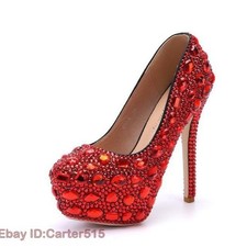Rhinestone Women's Platform Wedding Pumps Shoes Stilettos Heel Party Round Toe