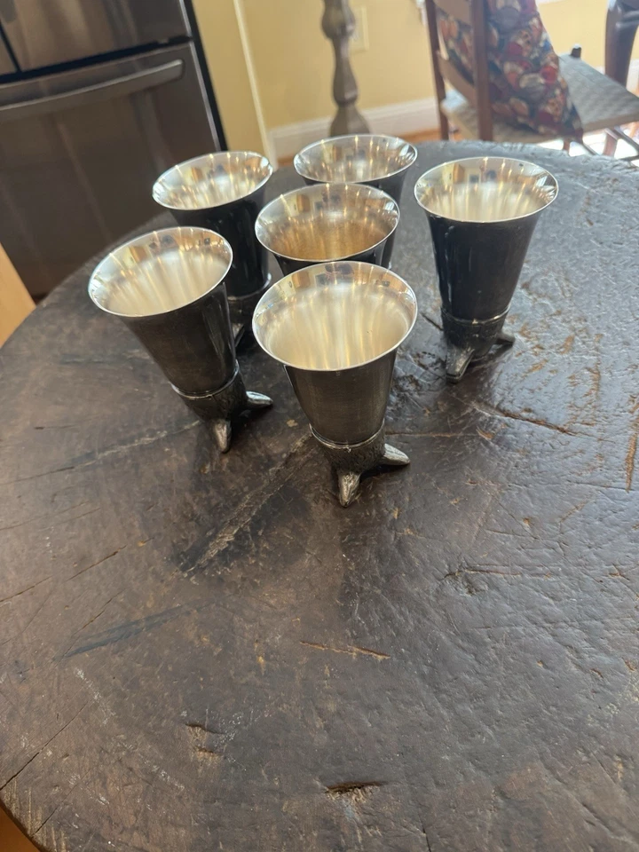 6 件复古 5 英寸锡器带银盘内部 Fox Head Stirrup 杯 6 液量盎司 — 第 3/4 张图片