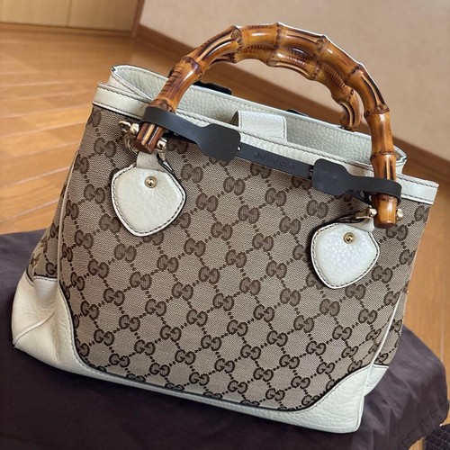 Gucci Diana GG Canvas Bamboo Tote Bag White Leather Shoulder Handbag Two Way