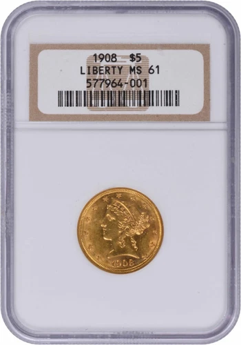 1908 $5 Gold Liberty Head MS61 NGC