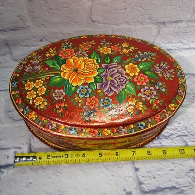 BestPysanky Hand Painted Oval Floral Jewelry Trinket Box Red Velvet Lined Decor