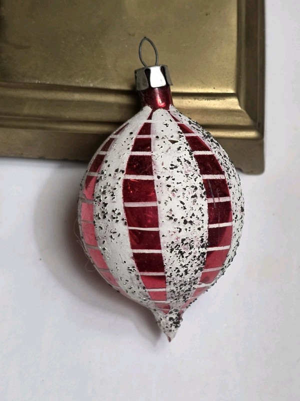 Vintage Poland Glitter Red White Stripe Teardrop  Glass Christmas Ornament 