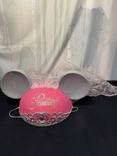 DISNEY PARKS PINK PRINCESS EARS MINNIE MOUSE HAT JEWELED TIARA GLITTER VEIL