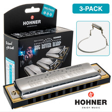 Hohner Big River Harp 3-PACK Keys of C, A, G Bundle Diatonic Harmonica w/ Holder