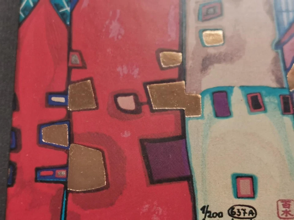 Hundertwasser Bild im bemalten Rahmen wartende Häuser Kunstdruck 1/200 - Bild 3 von 4