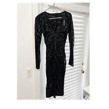 Fashion Nova Black Sequin Mesh Sheath Dress V-Neck Long Sleeve Knee Length S