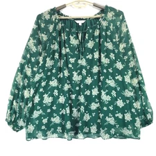Lauren Conrad Blouse Women's 2X Green Ivory Poly Floral Long Sleeve Pullover