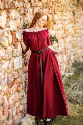     Mittelalterliches Kleid Rot   schulterfrei, bodenlang & aus 100% Baumwolle