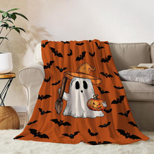 Halloween Throw Blanket Orange Cute Ghost Throw Blanket Pumpkin Cozy Soft Lightw