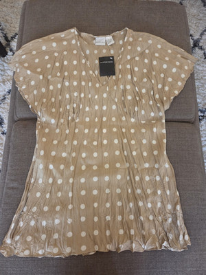 Newport News NWT A-Line Silk Pleated Polka Dot V-Neck Dress Beige 16