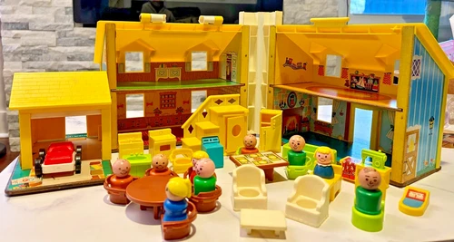 Vintage Fisher Price Little People Play Family House w/ Figures Furniture Car