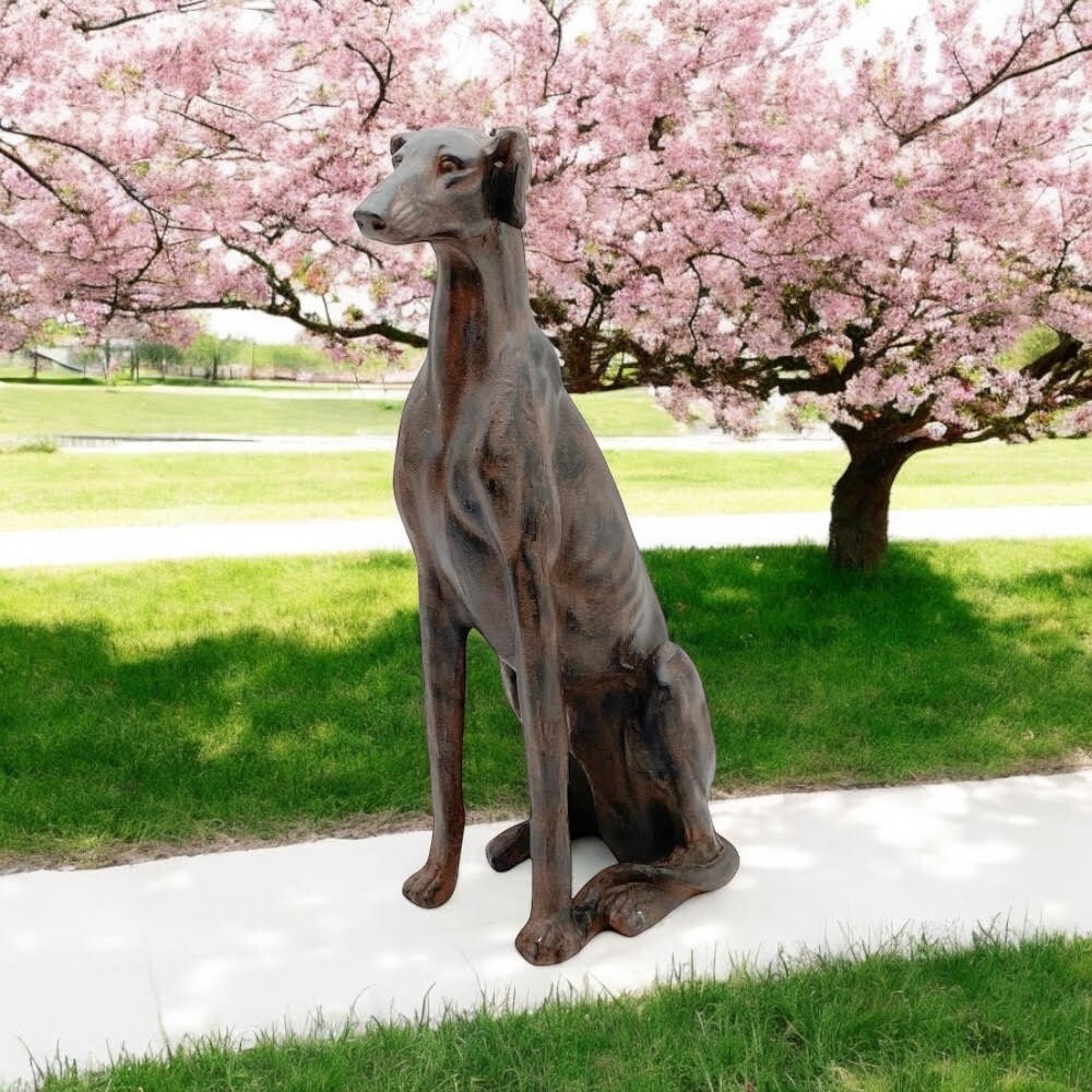 77cm Sitting Greyhound Statue – Weatherproof Resin with Bronze Patina for Garden
