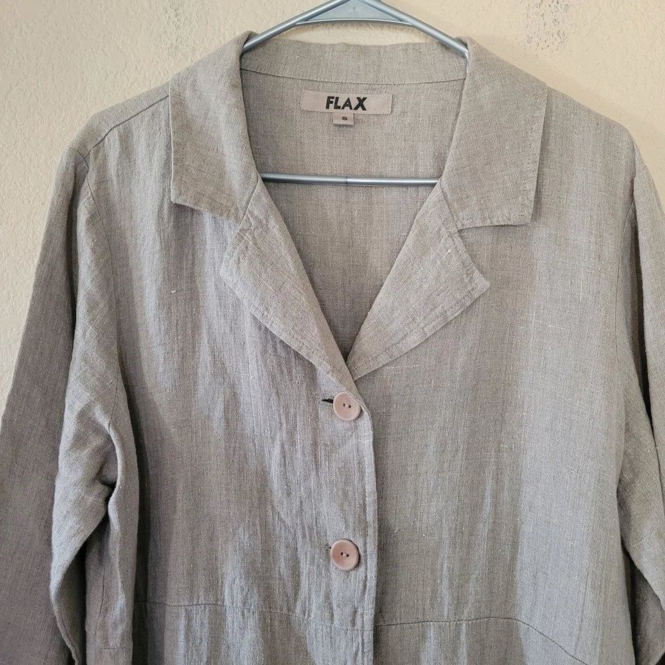 FLAX Womens 100% Linen Button Blazer Jacket Shirt Size Small Pockets Lagenlook - Image 3 of 4