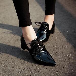 Patent Leather Women's Shoes Pointy Toe Block Heel Casual pumps Hot Lace up new