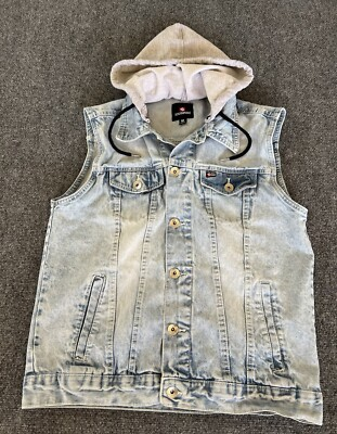 #ad Southpole Y2K Vest Blue Denim Sun Wash Detachable Hood Button Up Mens Medium $26.99