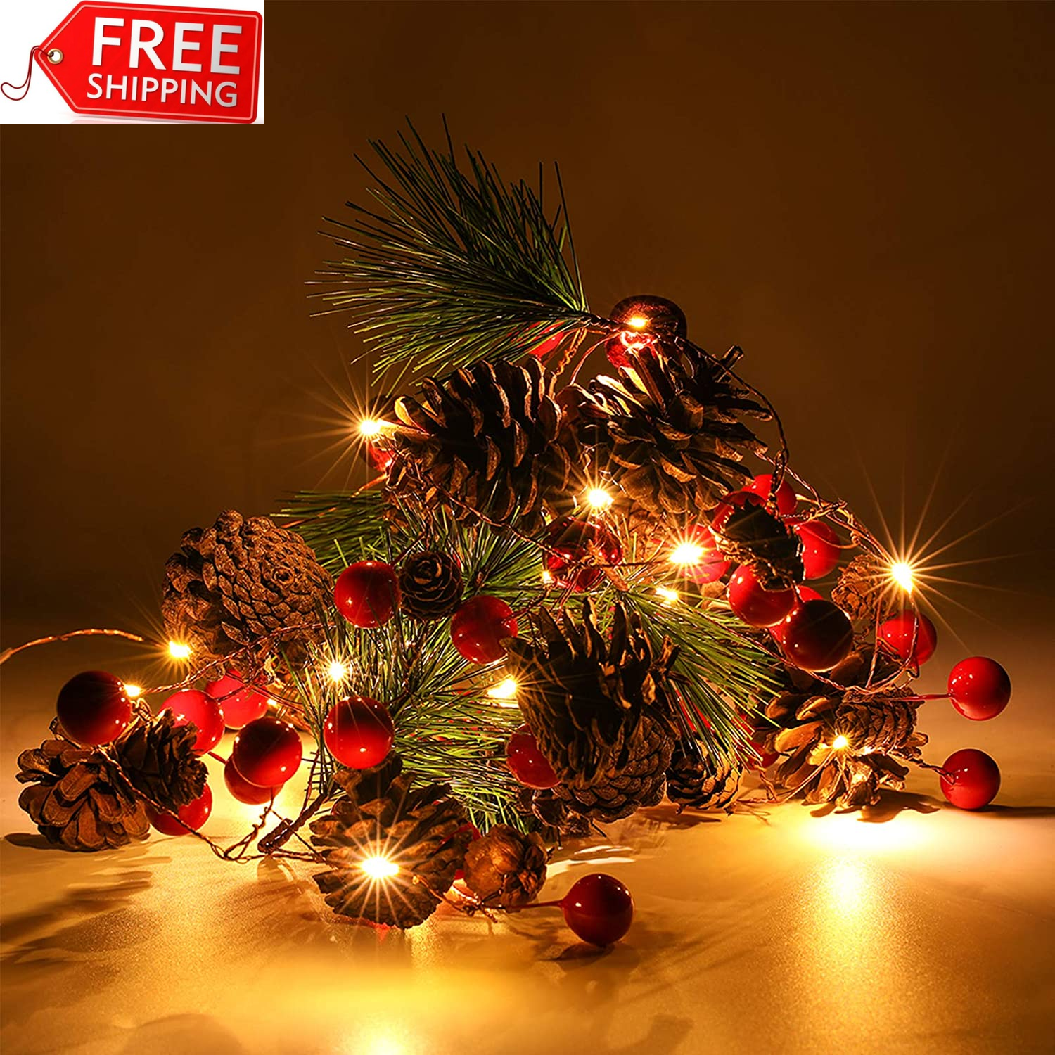 Christmas Garland with Lights, Red Berry Pine Cone 6.5FT 20 LED Garland Lights B